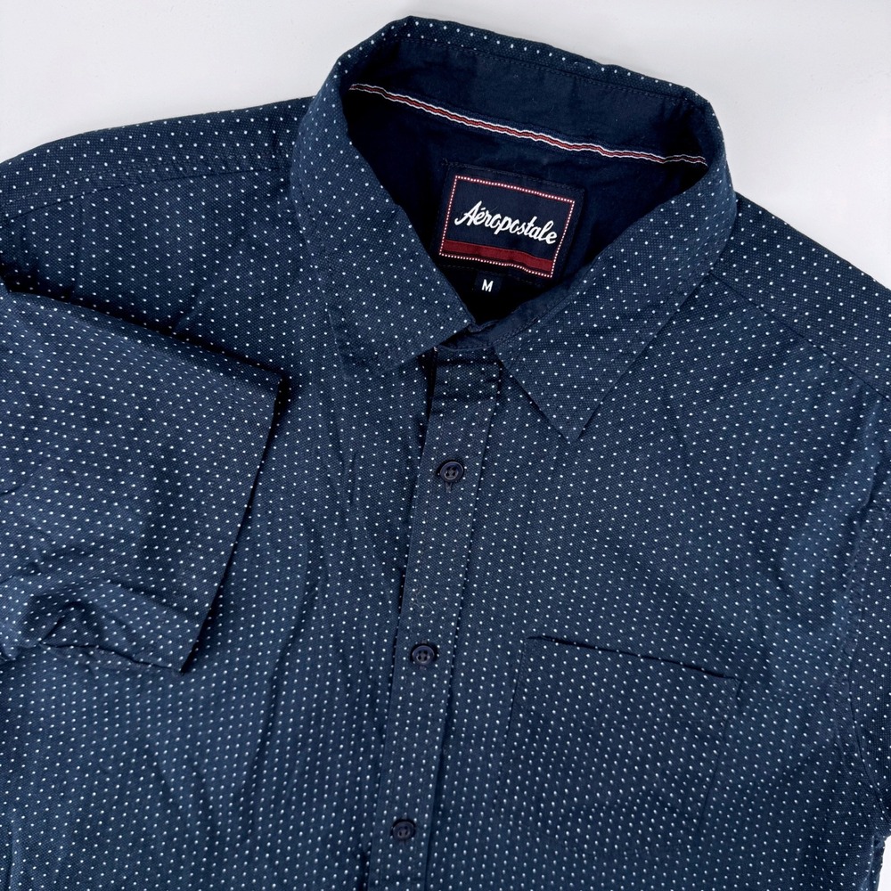 Aeropostale Mens Medium Navy Blue Polka Dot Short Sleeve Button Shirt Cotton